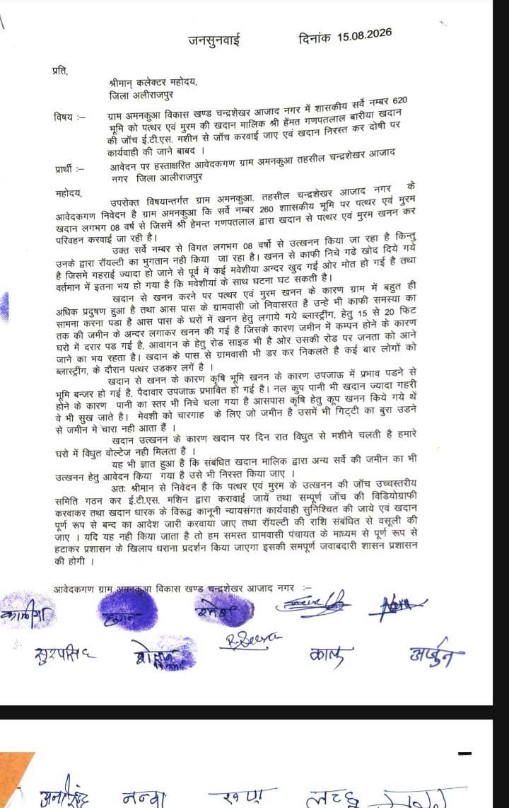 शासकीय भूमि पर अवैध खनन, ग्रामीणों ने कलेक्टर से की कार्रवाई की मांग