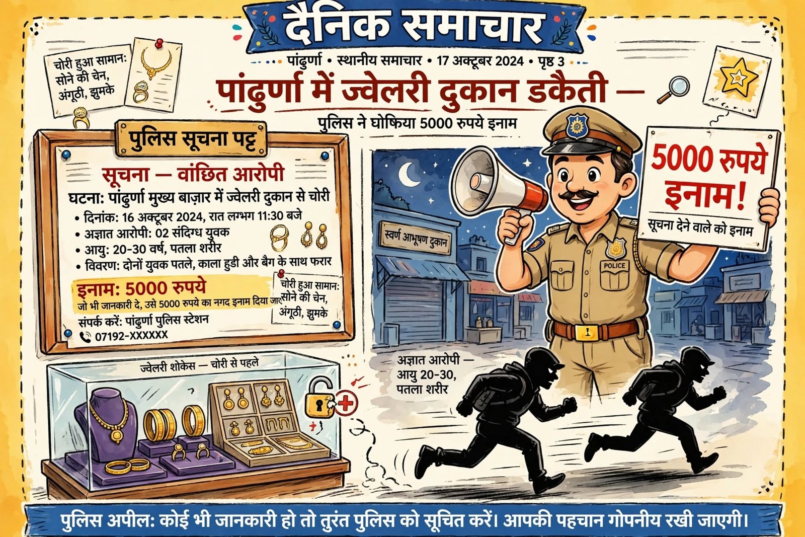 पांढुर्णा में सोने-चांदी की दुकान में लूट, अज्ञात आरोपियों पर 5 हजार का इनाम घोषित