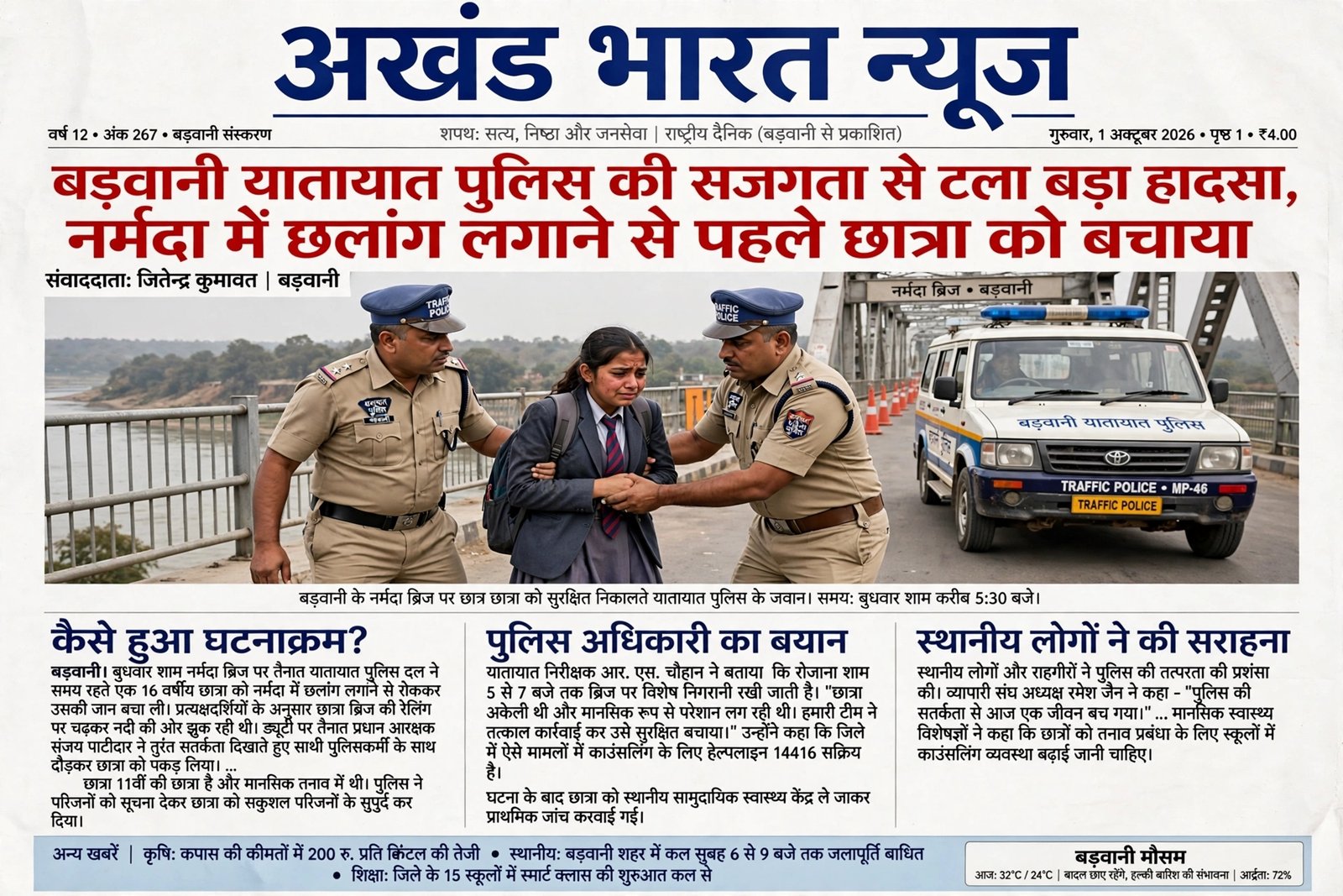 बड़वानी यातायात पुलिस की सजगता से बड़ा हादसा नर्मदा में छलांग लगाने से पहले छात्रा को बचाया,।।