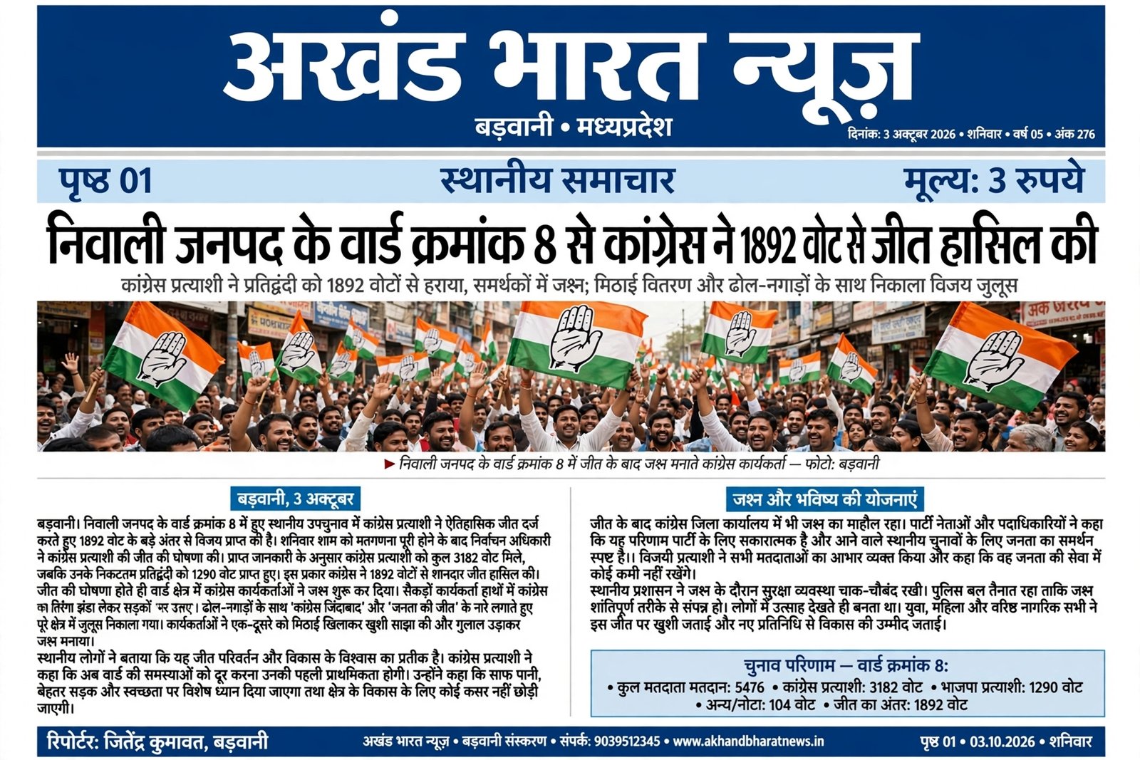 निवाली जनपद के वार्ड क्रमांक 8 से कांग्रेस ने 1892 वर्ष जीत हासिल की