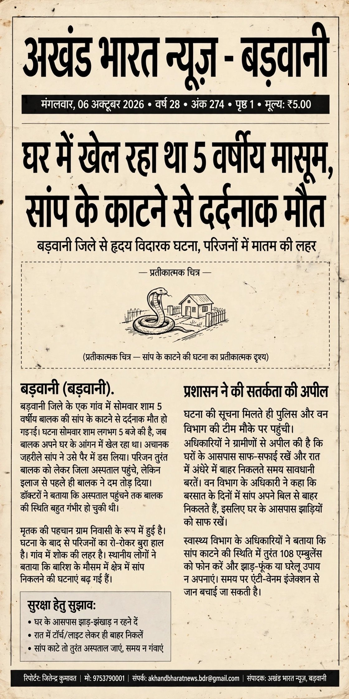 घर में खेल रहा था 5 वर्षीय मासूम सांप के काटने से दर्दनाक मौत।