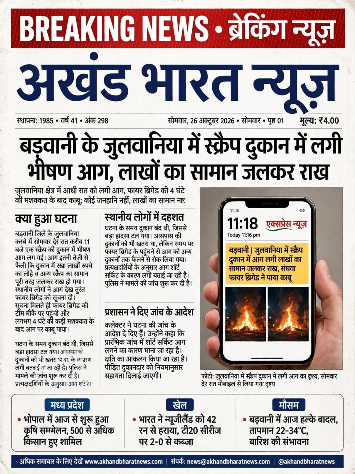 बड़वानी के जुलवानिया में स्क्रैप दुकान में लगी लाखों का सामान जलकर राख।