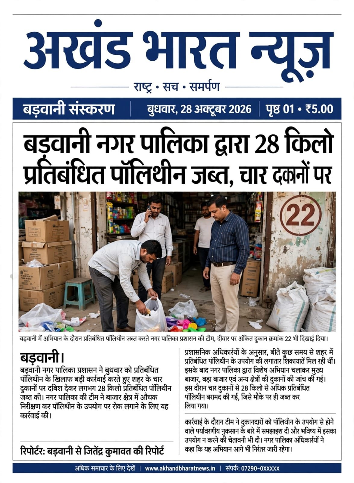 बड़वानी नगर पालिका द्वारा 28 किलो प्रतिबंधित पॉलिथीन जप्त कर दुकानों पर चेकिंग।