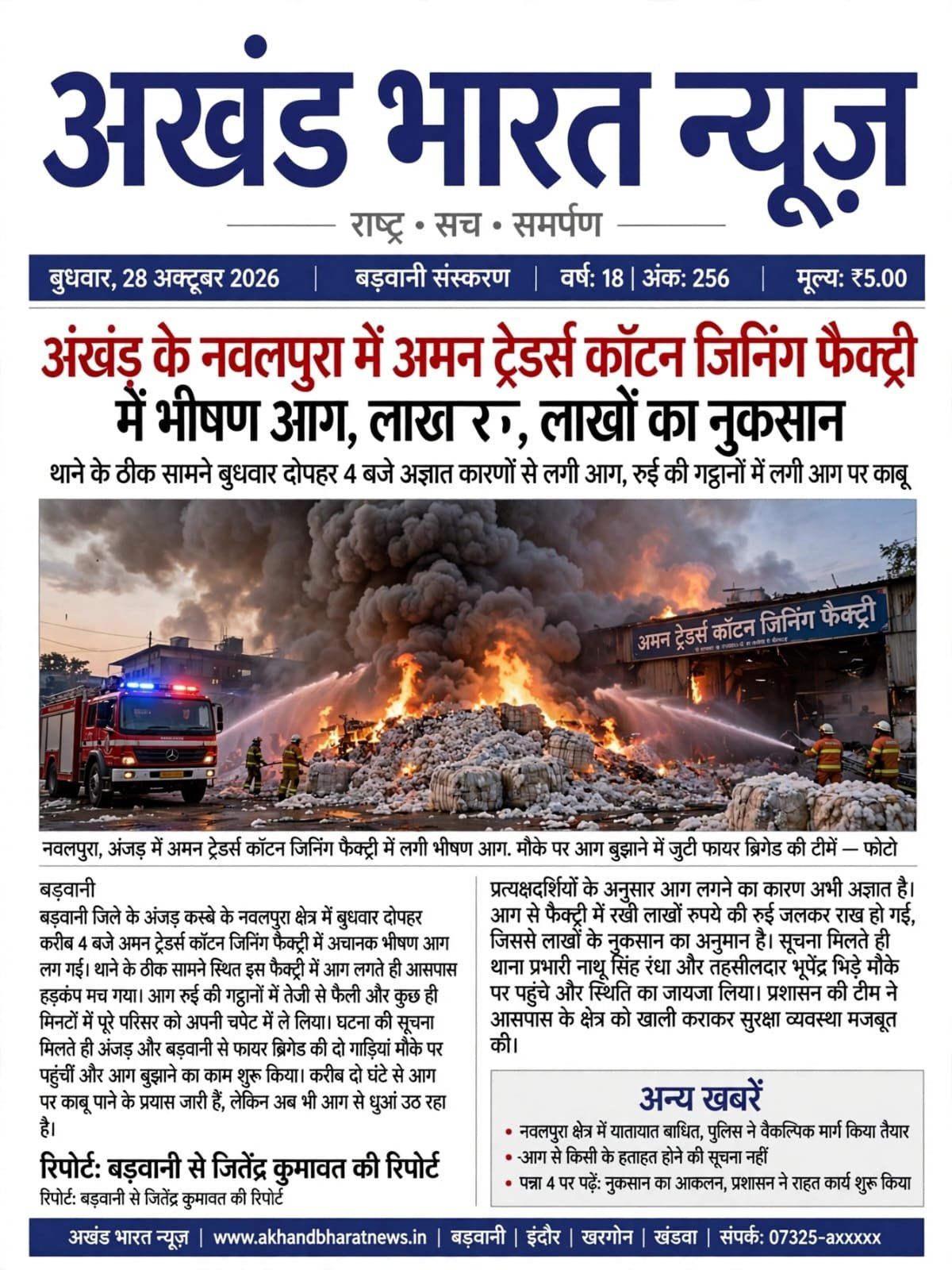 अंजड़ के नवलपुर में अमन ट्रेडर्स कॉटन जिनिंग फैक्ट्री में भीषण आग लाखों का नुकसान।