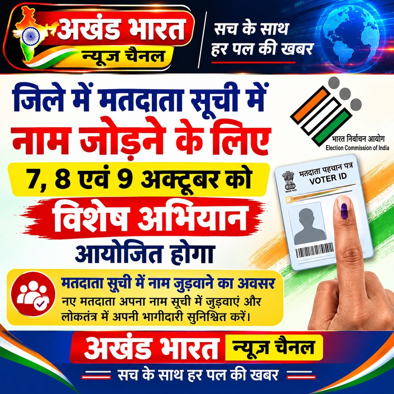 जिले में मतदाता सूची में नाम जोड़ने के लिए 7, 8 एवं 9 अक्टूबर को विशेष अभियान आयोजित होगा